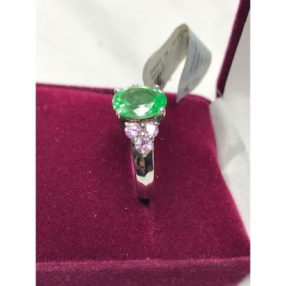 Sterling Silver Green Ice Pink CZ Ring (Size 8), 18”Necklace, Earrings Set - Picture 7 of 16